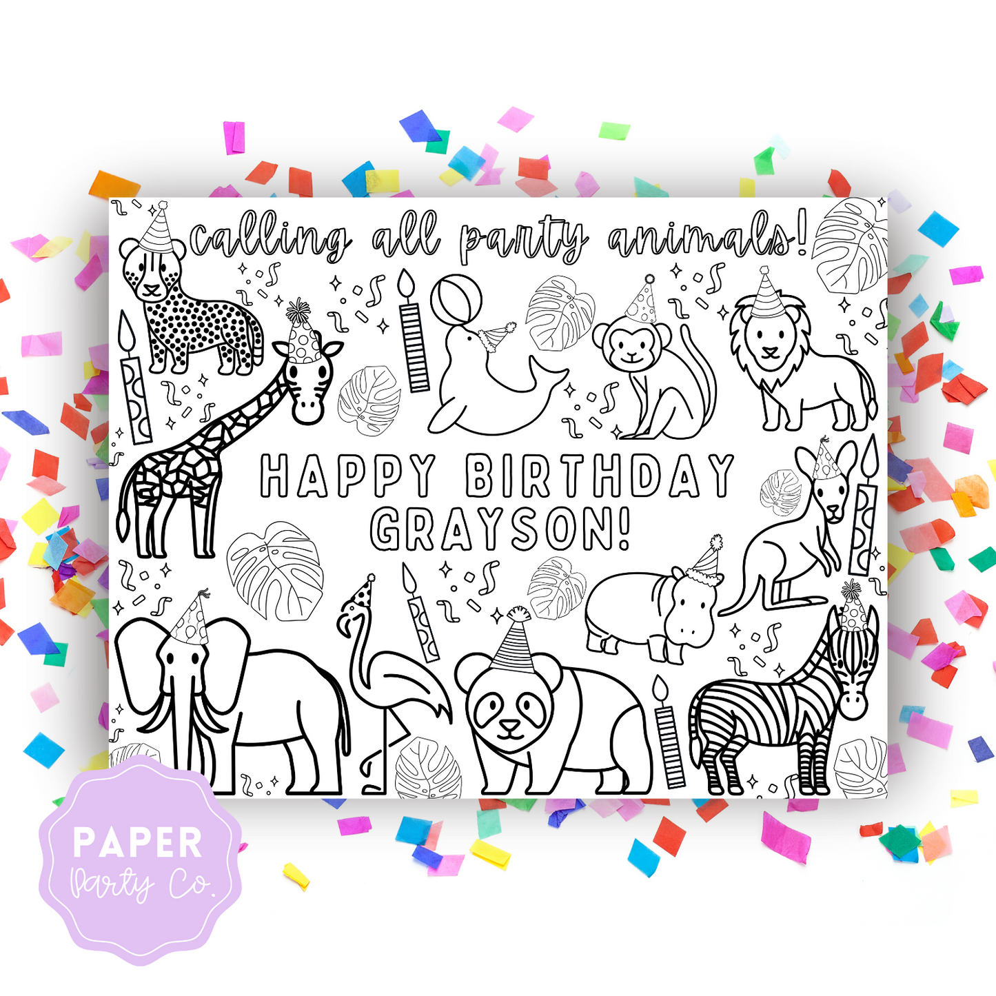 Custom Party Animals Theme Party Coloring Page