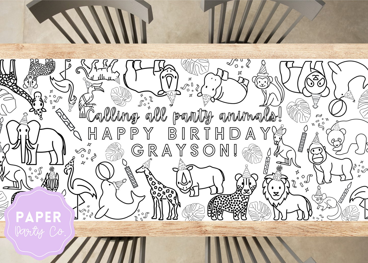 LARGE Party Animals Coloring Banner Poster | Coloring Table Runner | Party Animals Birthday Activity | Coloring Sheet Banner | Table Runner