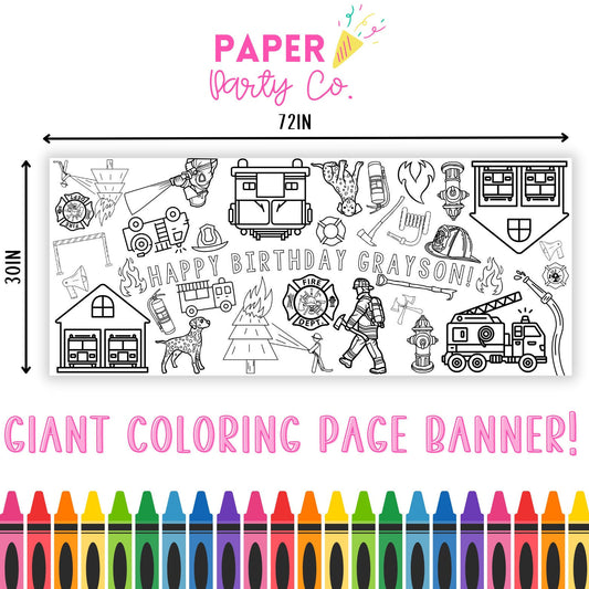 Firetruck Coloring Activity Tablecloth | Giant Coloring Banner | Coloring Poster | Fireman Birthday Party |  Coloring Table Runner | Party